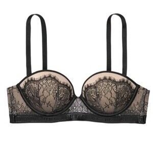 Victoria’s Secret Multi-Way Push Up Strapless Bra Black Tan Lace 32DD Padded